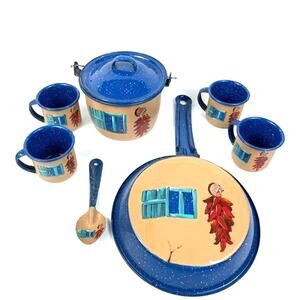 Country Charm Hand Painted Decorative Tin Cook Set and Small Mugs; New Mexico